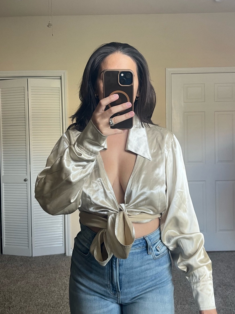 Vintage 90s Champagne Satin Wrap Blouse